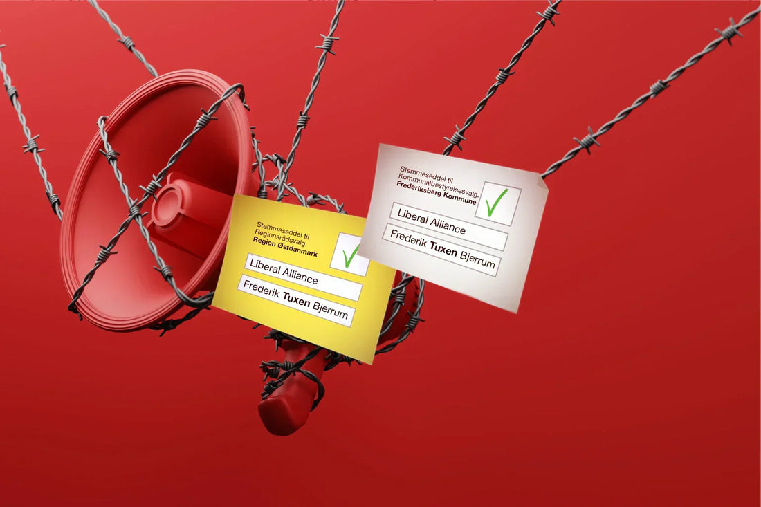 To stemmesedler med Frederik Tuxen Bjerrum og Liberal Alliance foran en rød megafon og pigtråd – visuelt udtryk for opfordring til at brevstemme.