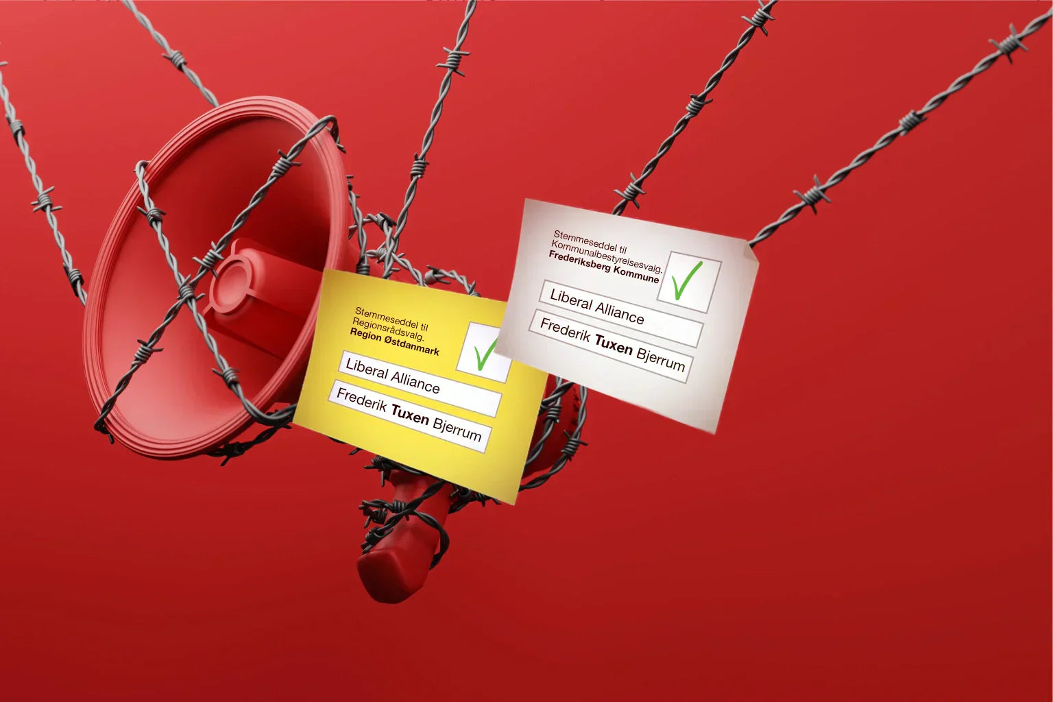 To stemmesedler med Frederik Tuxen Bjerrum og Liberal Alliance foran en rød megafon og pigtråd – visuelt udtryk for opfordring til at brevstemme.